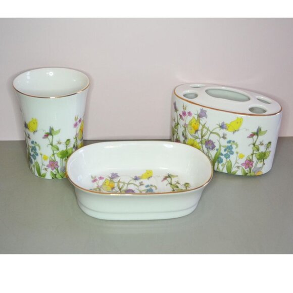 Vintage Decorative Ceramic 3 Piece Bath Set Enesco Japan Butterflies And Flowers - Picture 1 of 12